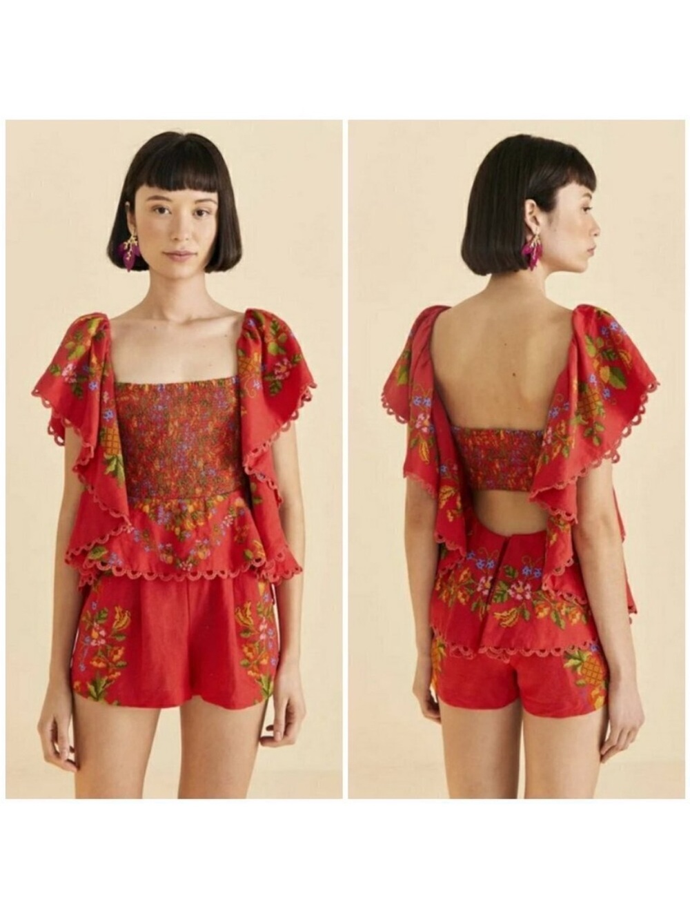 FARM Rio Red Floral Embroidered Ruffle Romper - Picture 2 of 9